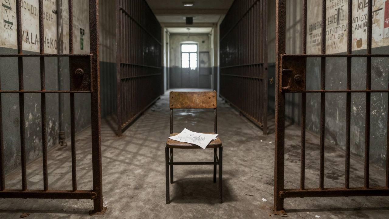 A single chair in a cold prison cell, a folded napkin with pencil writing on the floor, rusted bars casting long shadows.