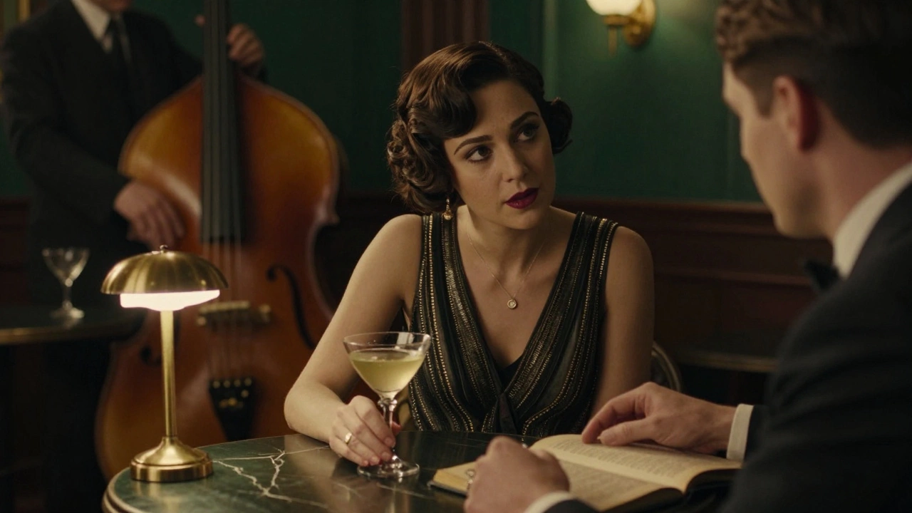 A woman listens intently to a client in a dim Paris speakeasy, a cocktail and book on the table between them.