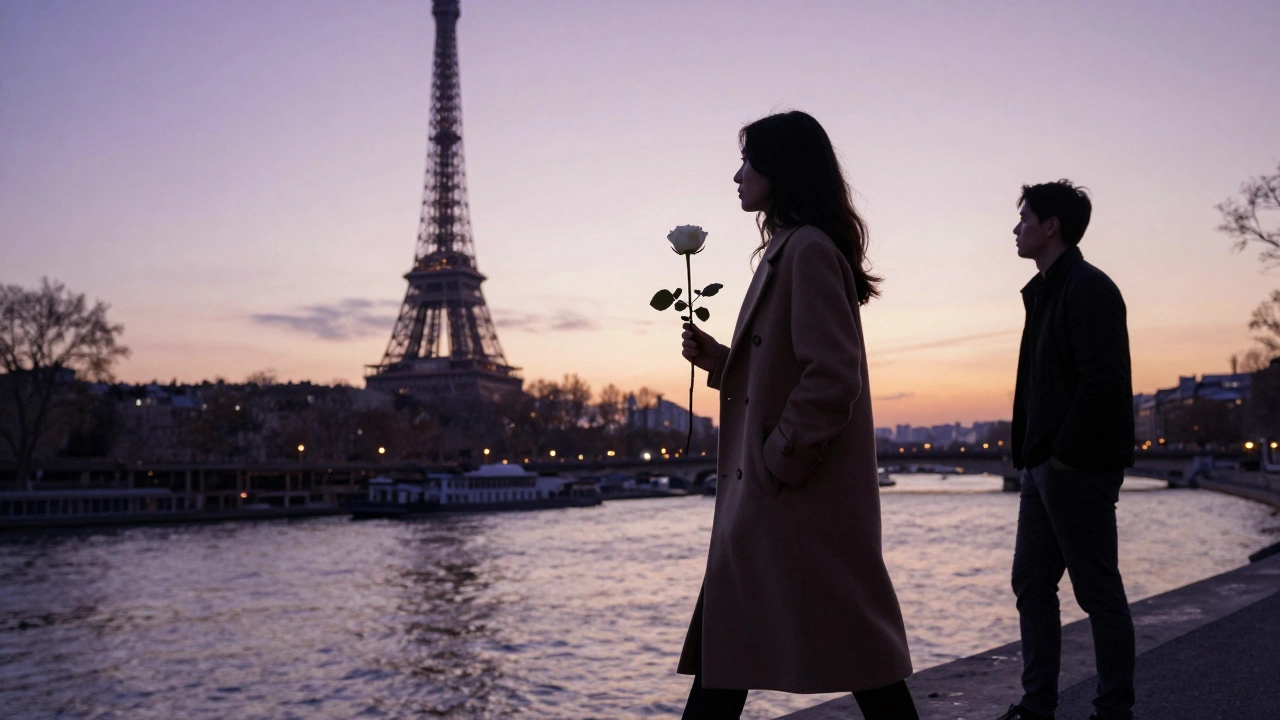 A woman walks along the Seine at sunset holding a white rose, the Eiffel Tower glowing in the distance.