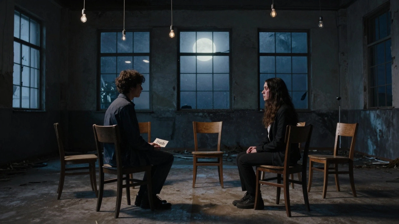 Two strangers sitting in silence across from each other in a circle of chairs, holding a card that says &#039;truth,&#039; in an abandoned warehouse.